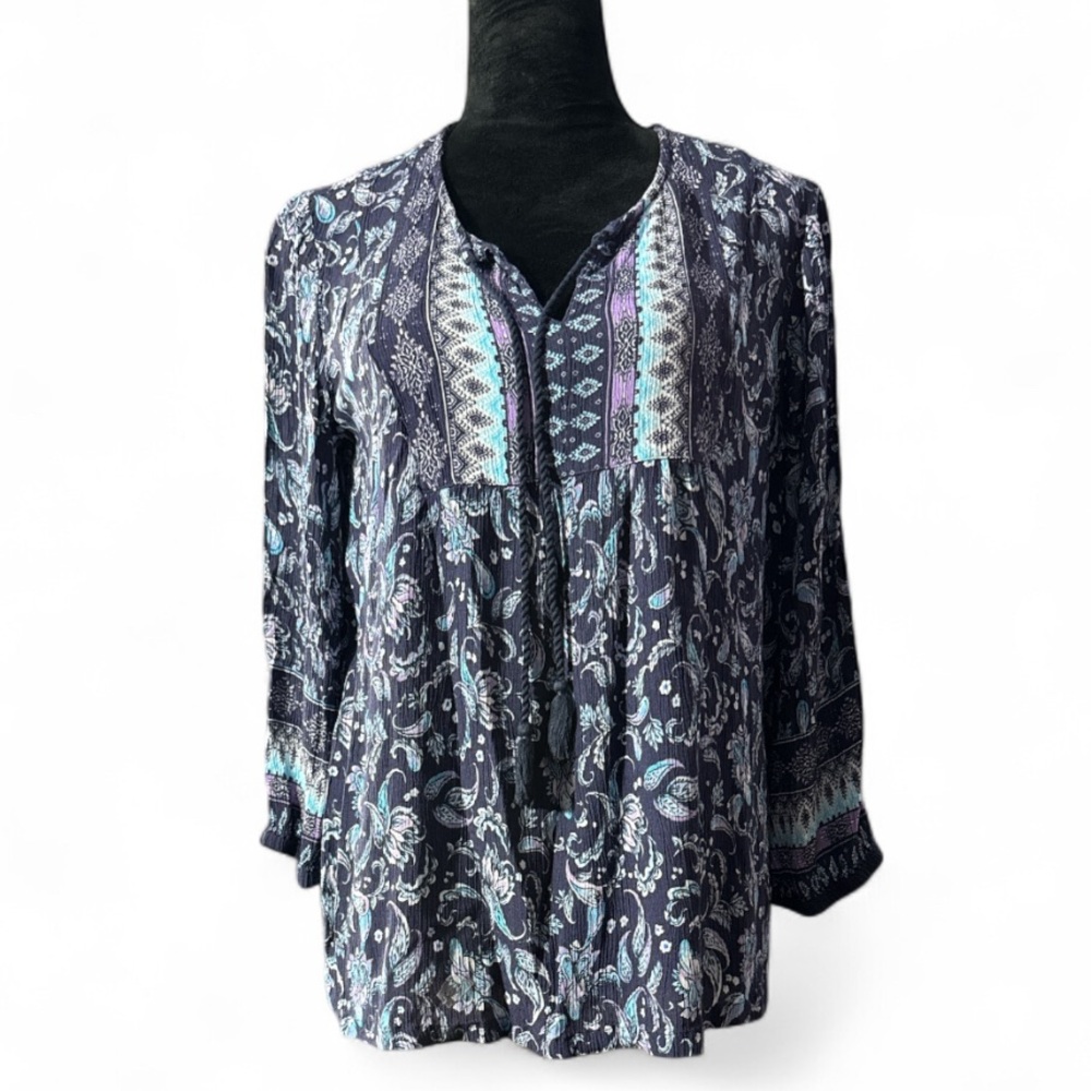 Garnet Hill Purple and Blue Paisley Boho Border-Print Peasant Top - Size 8